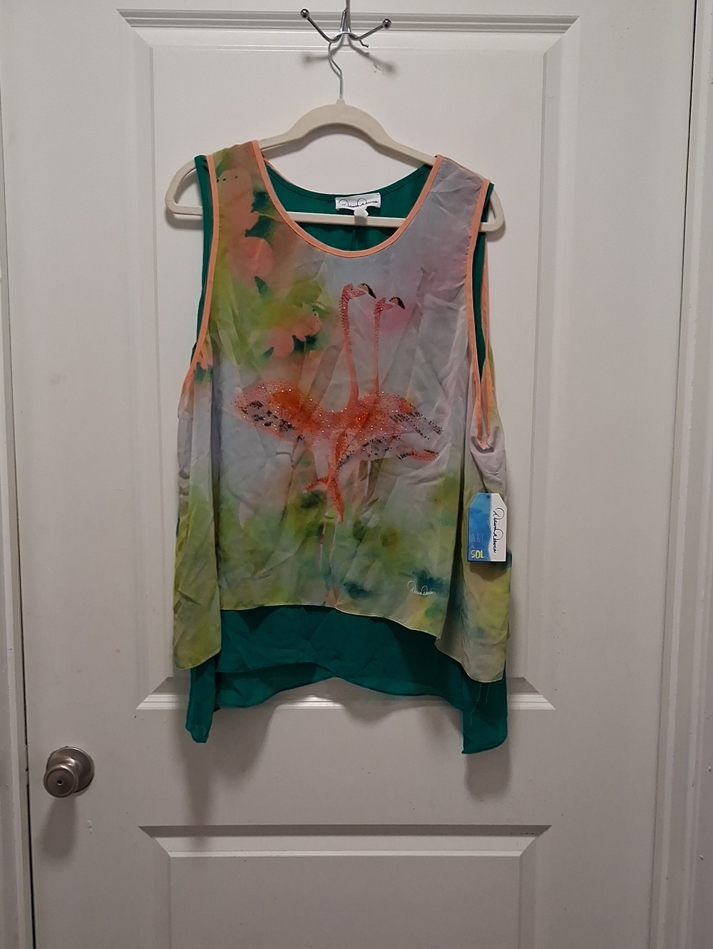 Green Layered Flamingo Print Tank Top by